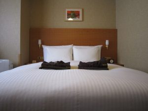 JR九州ホテルブラッサム大分 ダブルルーム ベッド 窓と平行に配置されています