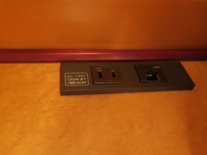 ホテル阪神 シングルルーム 右側のコンセントと有線LANコネクタ インターネットは有線・無線共に利用可能です
