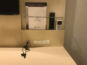スーパーホテル 東京・芝 シングルルーム デスク右側 ケータイ充電器とACコンセントがあります