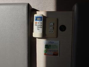 天然温泉 花笠の湯 スーパーホテル 山形駅西口 エクストラルーム 枕元のスイッチ ACコンセント、USBポート、明かりのスイッチ、エアコンのリモコンがあります
