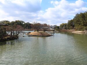 岡山後楽園 沢の池 真ん中に御野島があります