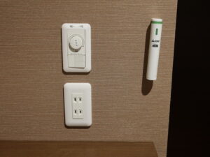 クア・アンド・ホテル石和 石和健康ランド 新館 シングルルーム 枕元 明かりのスイッチとACコンセント、非常灯